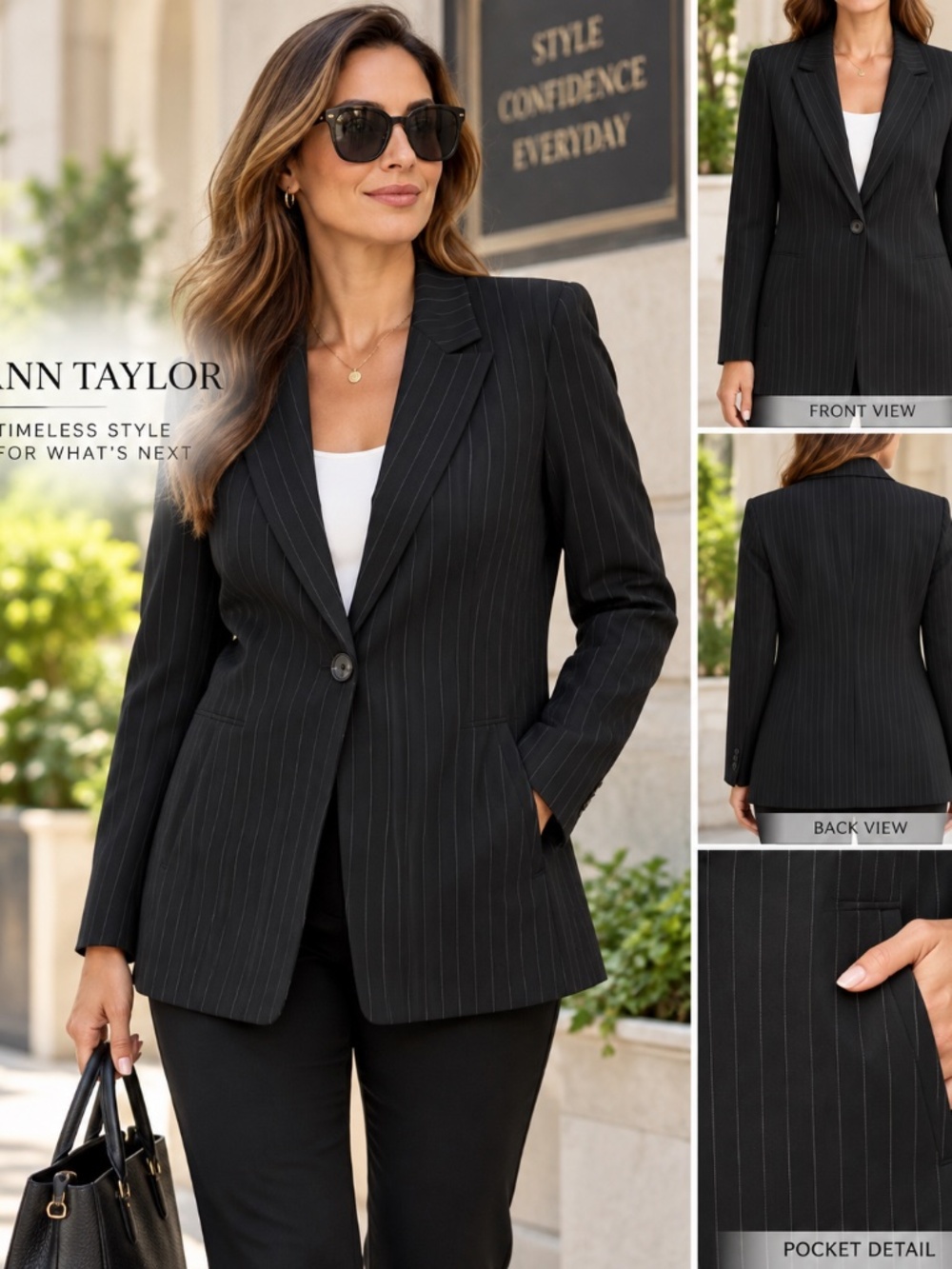 Ann Taylor Women’s Blazer Size 8 Black Pinstripe Wool Blend Tailored Jacket